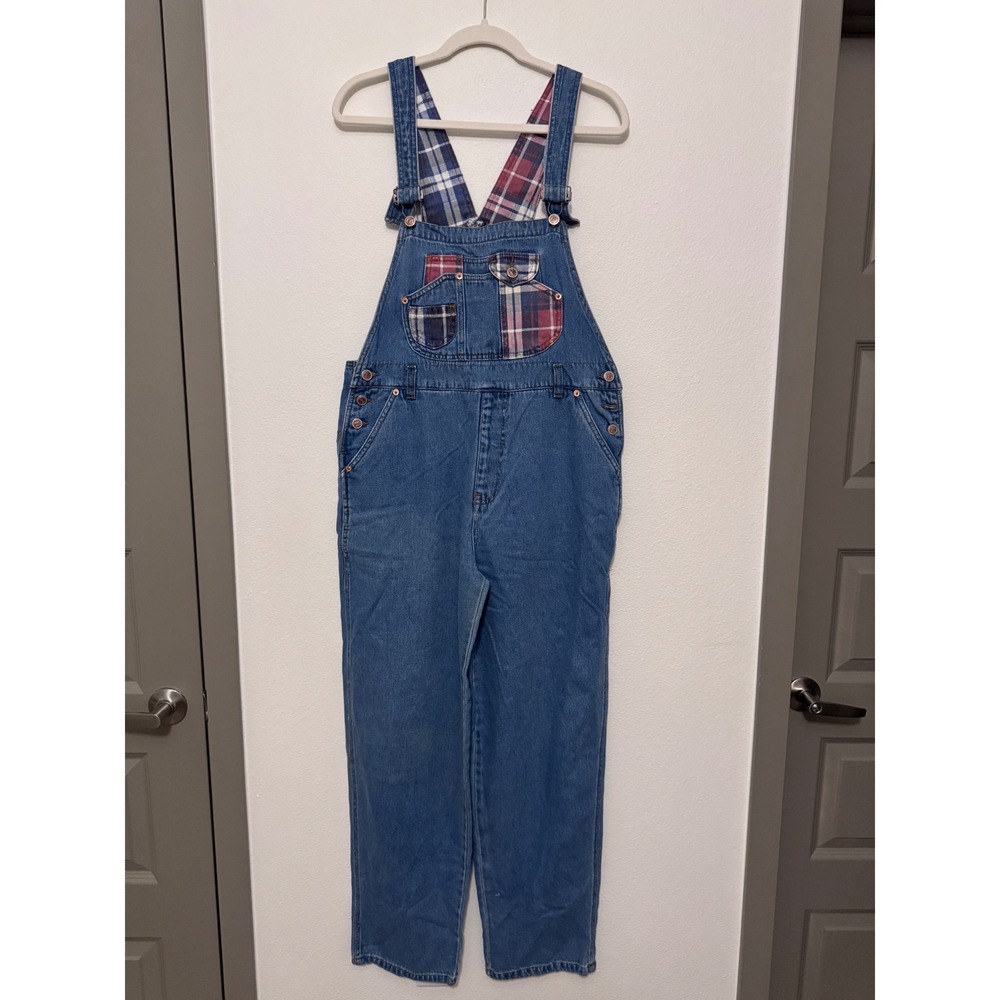 Rio Vintage Denim Plaid Patchwork Overalls Womens Large Medium Wash Cotton e3 - Picture 2 of 8